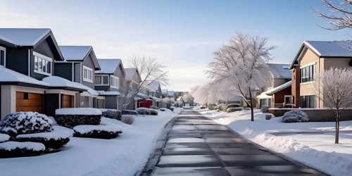 A serene suburban street in winter with snow, AI generated