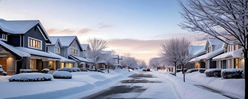 A serene suburban street in winter with snow, AI generated