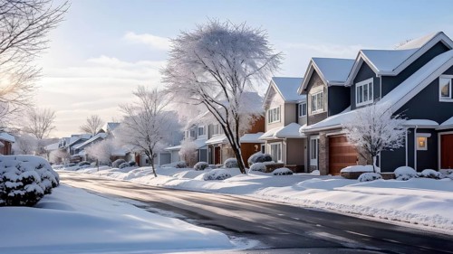 A serene suburban street in winter with snow, AI generated