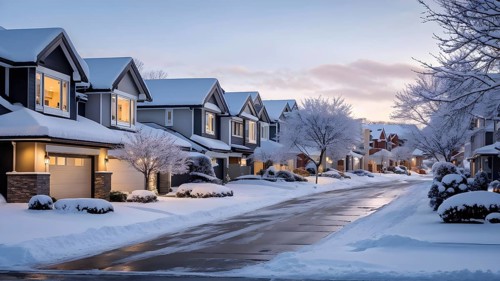 A serene suburban street in winter with snow, AI generated