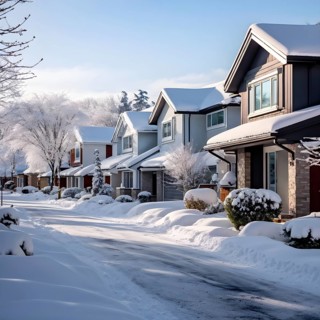 A serene suburban street in winter with snow, AI generated