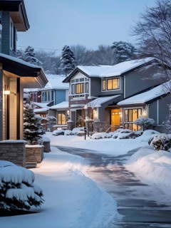 A serene suburban street in winter with snow, AI generated