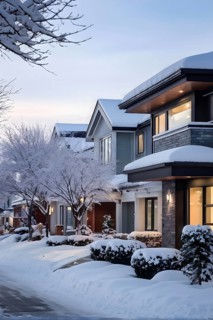 A serene suburban street in winter with snow, AI generated