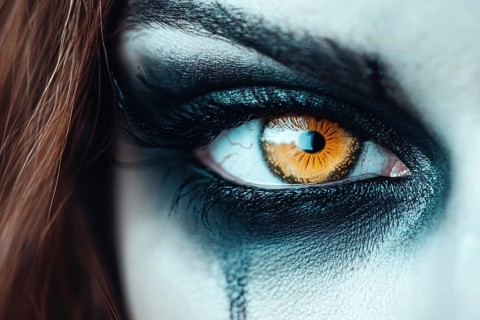 Woman's dark Halloween eye makeup with orange contact lenses. Generative Ai, AI generated