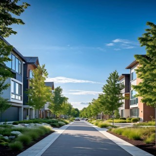 A serene suburban street with blooming plants under a bright sky, AI generated