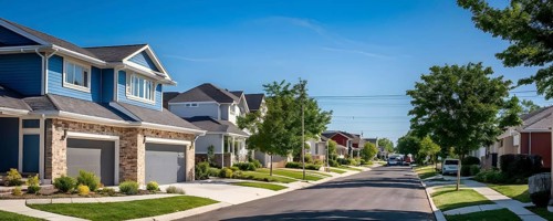 A serene suburban street with blooming plants under a bright sky, AI generated