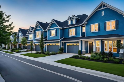 A serene suburban street with blooming plants under a bright sky, AI generated
