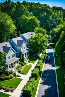 A serene suburban street with blooming plants under a bright sky, AI generated