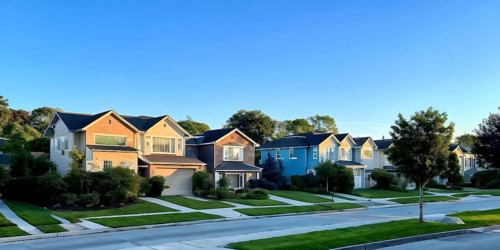 A serene suburban street with blooming plants under a bright sky, AI generated