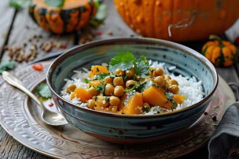 Bowl with curry with pumpkins, chick peas and jasmin rice. Generative Ai, AI generated