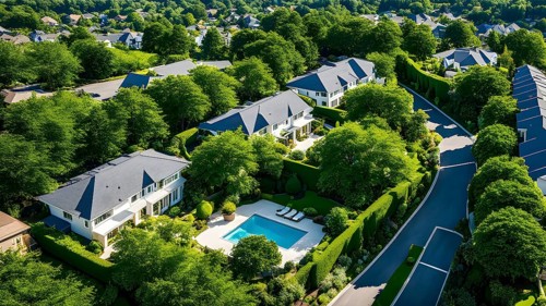 A serene suburban street with blooming plants under a bright sky, AI generated