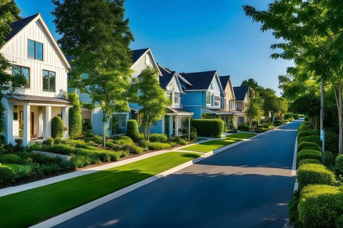 A serene suburban street with blooming plants under a bright sky, AI generated