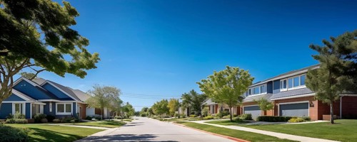 A serene suburban street with blooming plants under a bright sky, AI generated