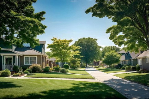 A serene suburban street with blooming plants under a bright sky, AI generated