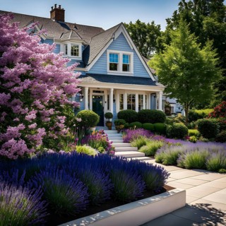 A serene suburban street with blooming plants under a bright sky, AI generated