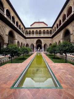 Patio de las Doncellas, Courtyard of the Virgins, with stucco arabesques in the Mudejares style,