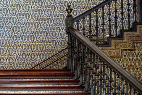 Coloured azulejos, Plaza de Espana in Seville, Andalusia, Spain, Europe