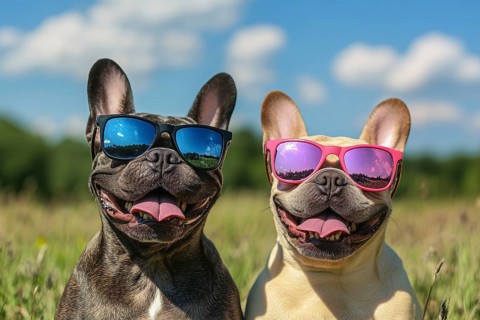 Pair of black and fawn cute happy French Bulldog dogs wearing sunglasses in summer in front of