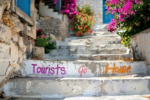 Graffiti with text 'Tourists go home' sprayed on white stairs as part of anti-tourism protests, AI