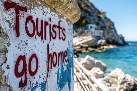 Graffiti with text 'Tourists go home' sprayed on white wall as part of anti-tourism protests, AI