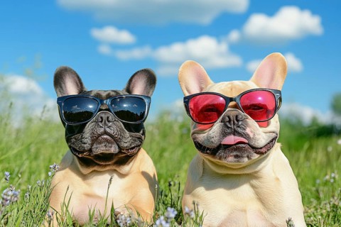 Pair of funny French Bulldog dogs wearing sunglasses in summer on hot day. Generative Ai, AI