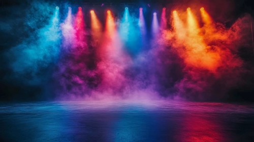 A lively stage filled with colorful spotlights and smoke creating a dynamic scene, AI generated