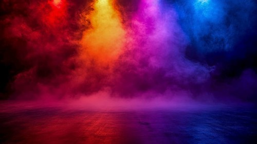 A vibrant and energetic stage setup with colorful spotlights and thick smoke, AI generated