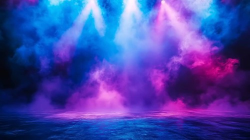 A dreamy, ethereal stage with soft colorful spotlights and smoke, AI generated