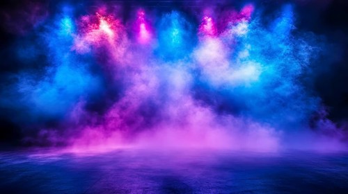 An intense scene with vibrant spotlights and thick smoke filling the stage, AI generated