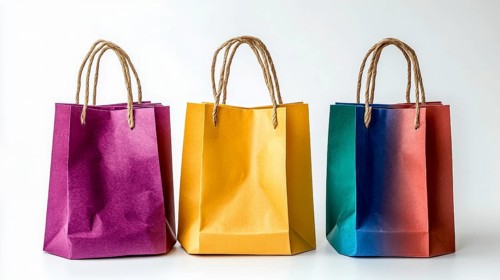 Three vibrant paper bags with gradient colors, standing on a white background, AI generated