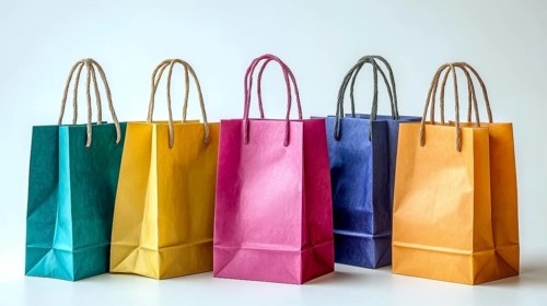 Five colorful paper bags on a white background, AI generated