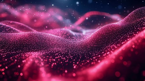 Abstract digital image showing pink glowing particles creating wave-like structures, AI generated