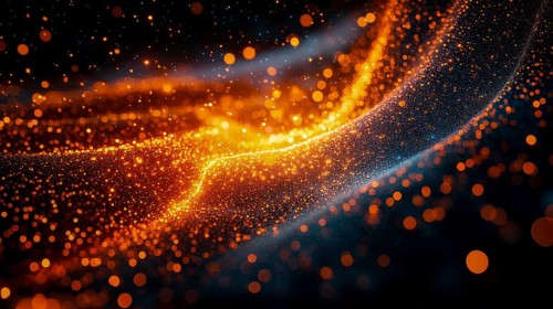 Abstract digital art with orange particles against a dark background, forming energetic wave