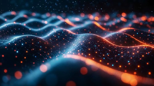 Abstract digital image with red and blue glowing particles creating dynamic wave formations, AI