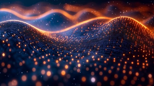 Abstract digital image featuring glowing orange and blue particles forming wave-like patterns, AI