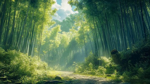 A sun-dappled path winds through a tranquil bamboo forest, AI generated