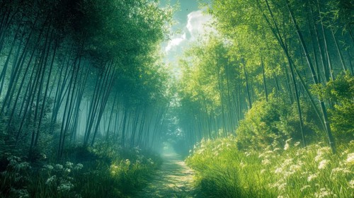 A tranquil bamboo forest with a sunlit path surrounded by lush greenery, AI generated