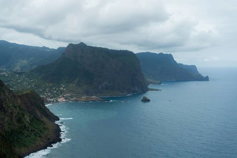 Penha d'Aguia Mountain on Cloudy Day and Ocean. Vereda do Larano. Madeira, Portugal, Europe