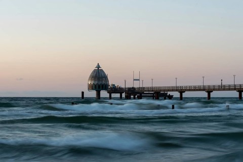 Diving gondola and pier in the light of the evening sun, Zingst, Mecklenburg-Vorpommern, Germany,
