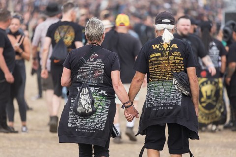 Elderly couple with Wacken shirts at the Wacken Open Air in Wacken. The traditional metal festival