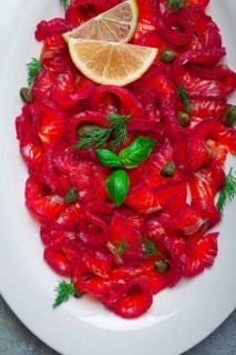 Salmon gravlax with beetroot, Scandinavian snack, beet gravlax, lightly salted fish, homemade, no