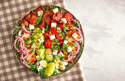 Cobb salad, keto food, top view, no people, close-up