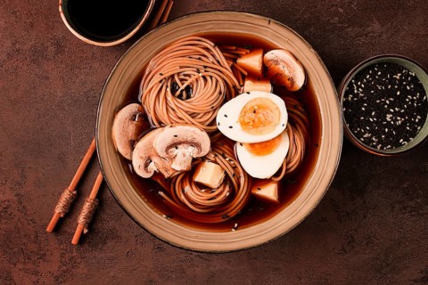 Asian soba soup, with mushrooms and egg, cheese, sesame seeds, homemade, no people