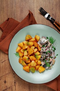 New potatoes, with pickled herring, and red onions, homemade, no people