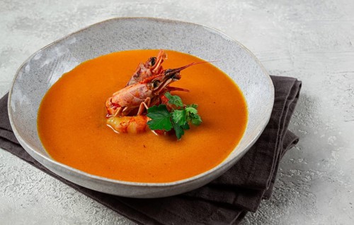 Shrimp cream soup, bisque soup, French cuisine, homemade, no people