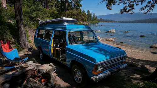 Blue van parked by a lake, set up for camping with a fire pit, surrounded by nature and mountains,