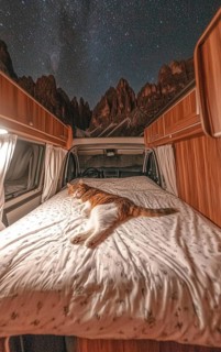 A cat lying on a bed in a van under a starry sky, surrounded by mountains with a wooden interior,