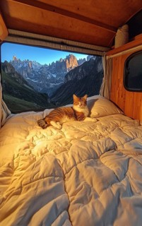 A cat resting on a bed in a van with a stunning mountain view under the warm glow of sunset