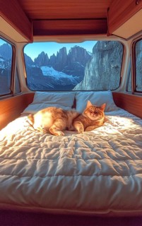 A cat lying on a bed inside a van with a breathtaking view of mountains and cozy warm lighting, AI