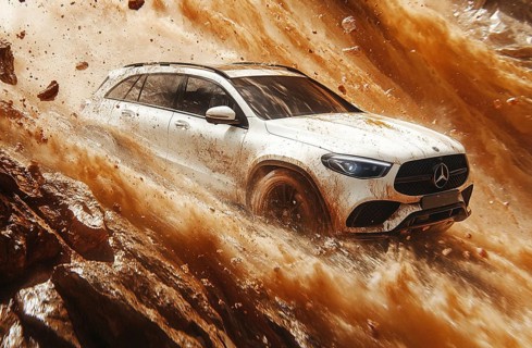 A white Mercedes-Benz SUV driving through a sandstorm in the desert, showing dynamic motion, AI